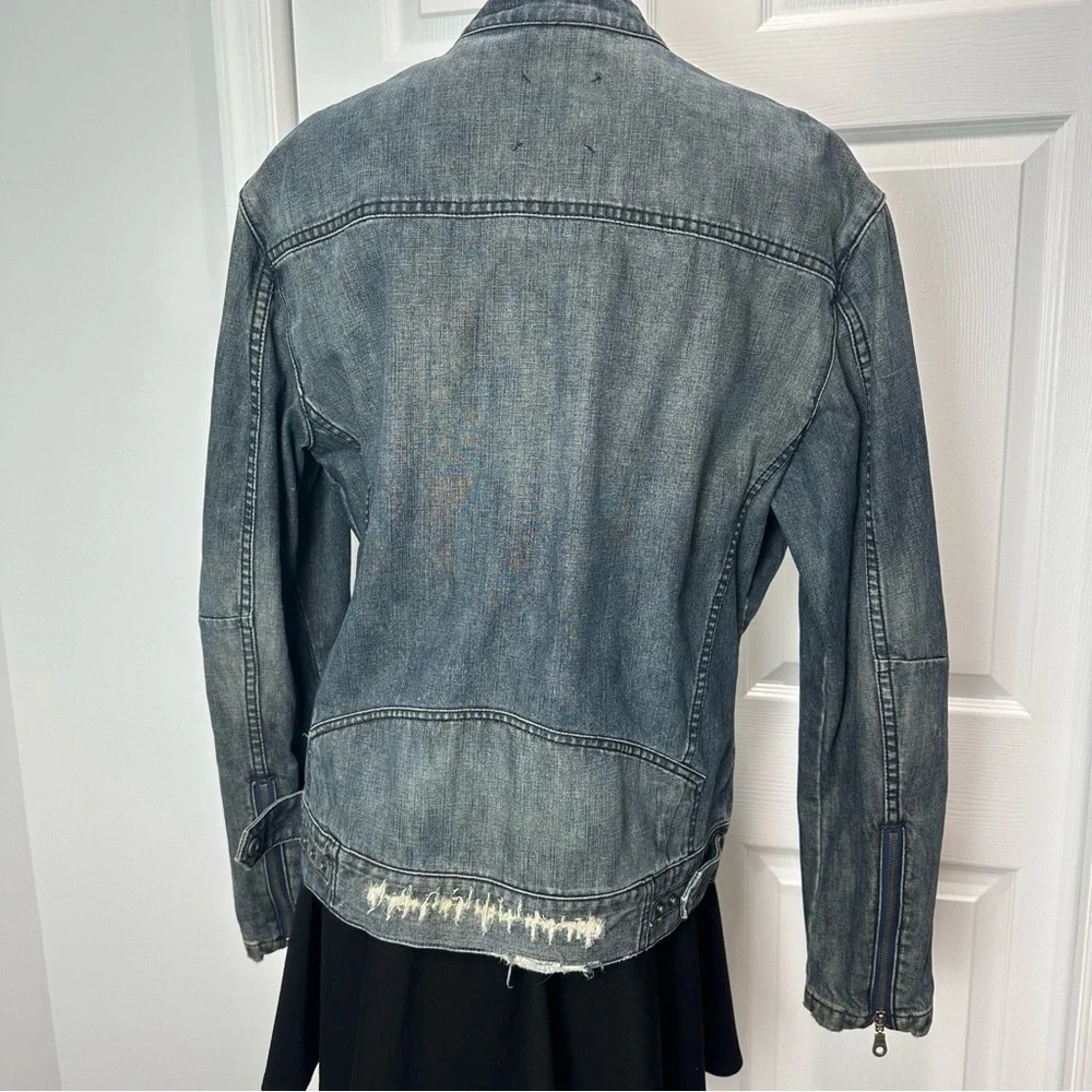 GUESS CAFE RACER jean jacket ZIP FRONT distressed blue denim UNISEX blue jean L